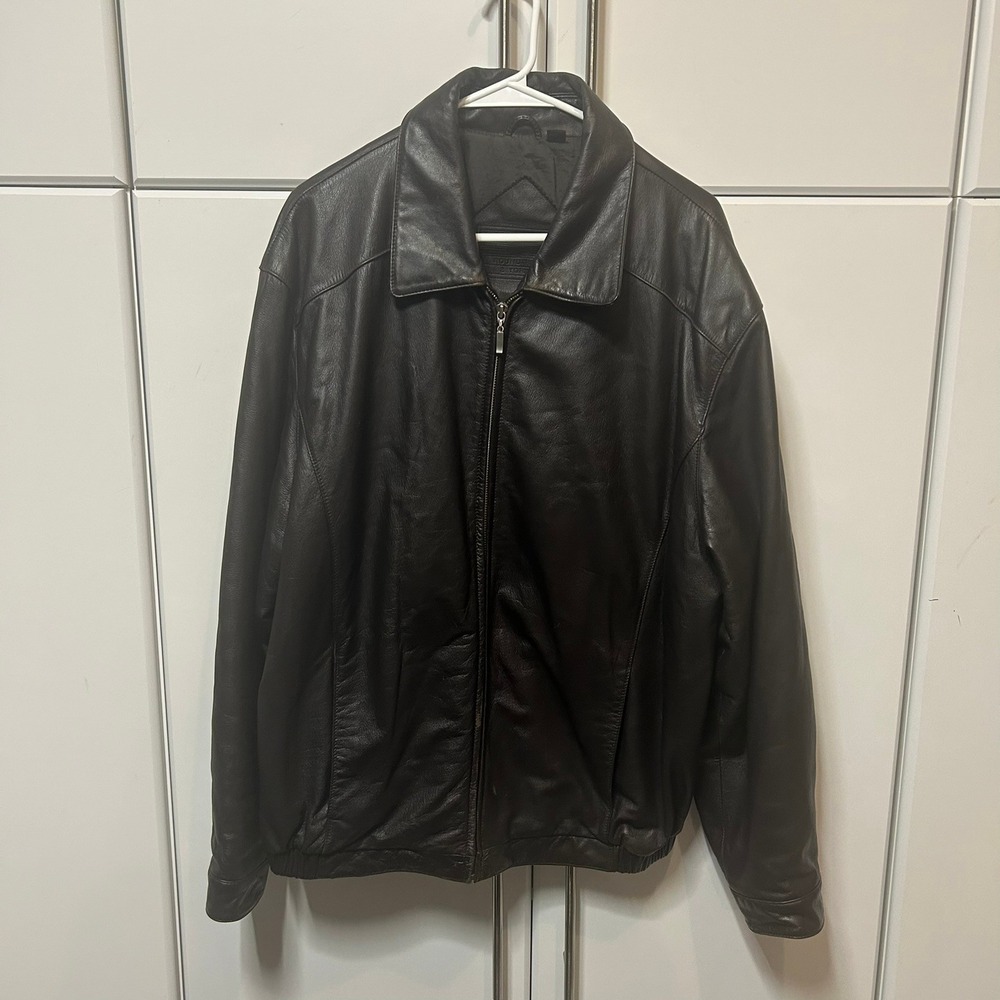 Roundtree & Yorke Mens Black Leather Bomber Jacket Full Zip Coat Size Large